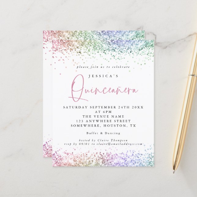Budget Multicolor Glitter Quinceanera Invitation (Front/Back In Situ)