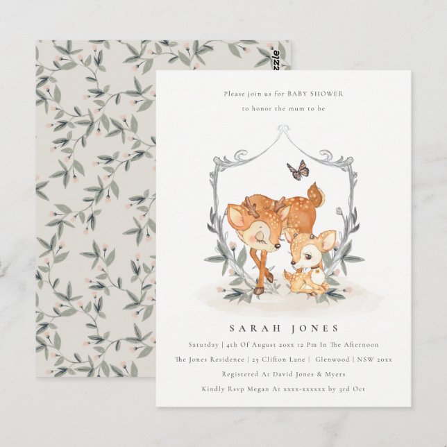 Budget Mum Deer Fawn Floral Crest Baby Shower Postcard (Front/Back)