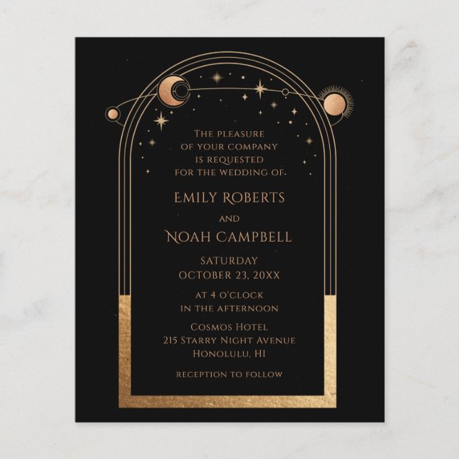 Budget Mystical Black Gold Sun Moon Wedding Flyer (Front)