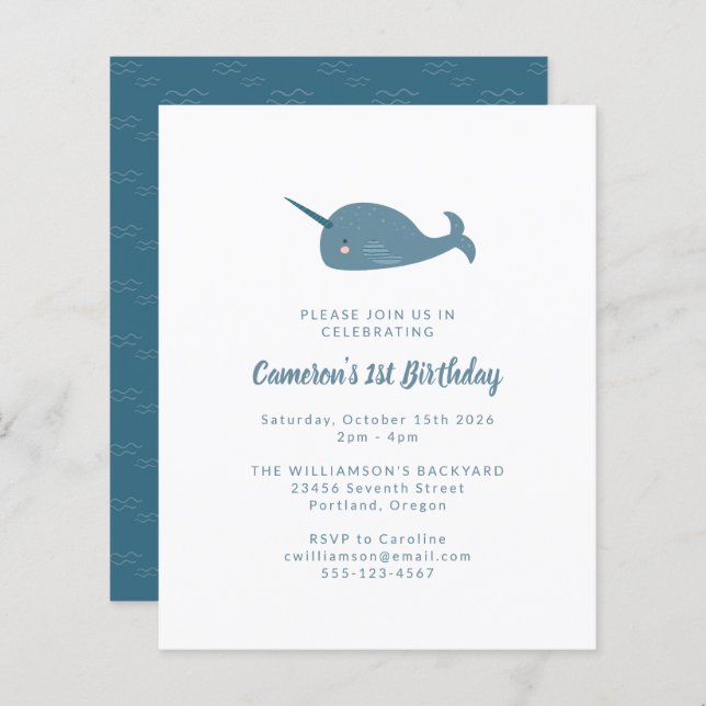 Budget Narwhal Ocean Blue 1st Birthday Invitation (Front/Back)