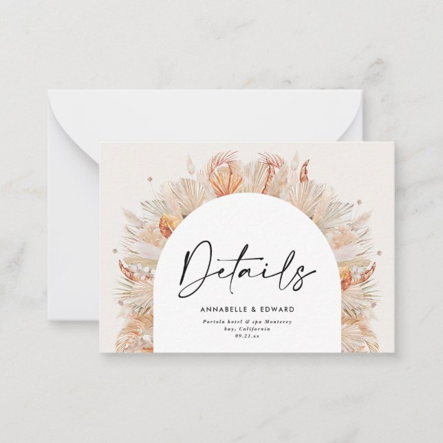 Budget Natural botanical pampas wedding details Card (Front)