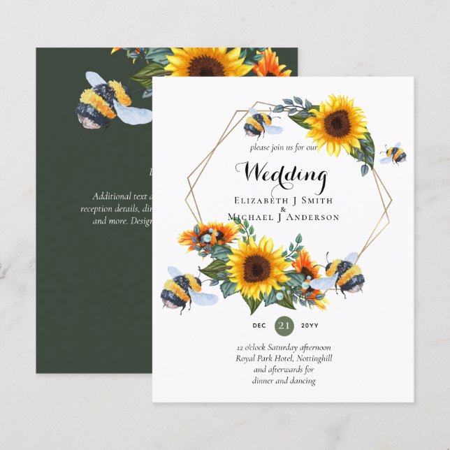 BUDGET Nature Boho Bees Sunflowers Wedding INVITE (Front/Back)
