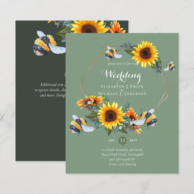 BUDGET Nature Boho Bees Sunflowers Wedding INVITE (Front/Back)