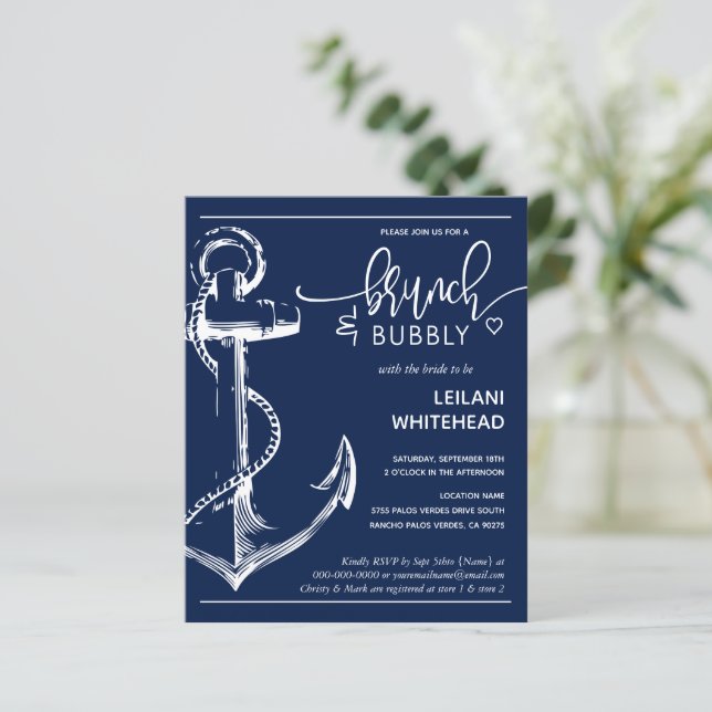 Budget Nautical Anchor Bridal Shower Navy Invite (Standing Front)