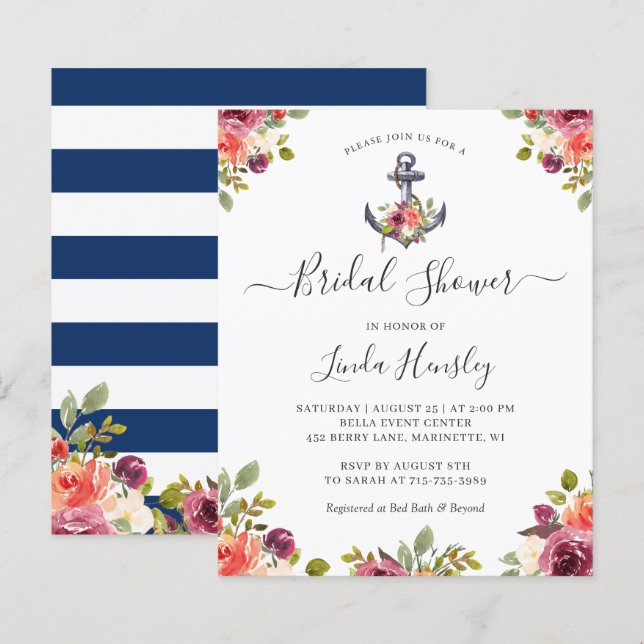 Budget Nautical Anchor Floral Bridal Shower Invite (Front/Back)