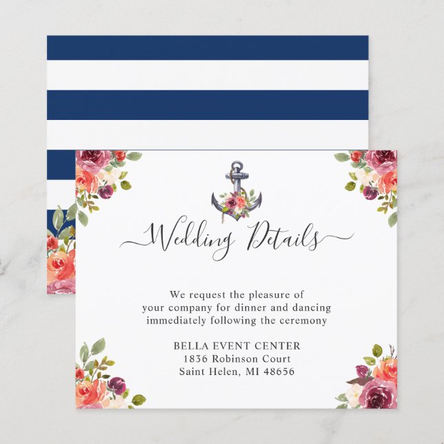 Budget Nautical Anchor Floral Wedding Details Card (Front/Back)