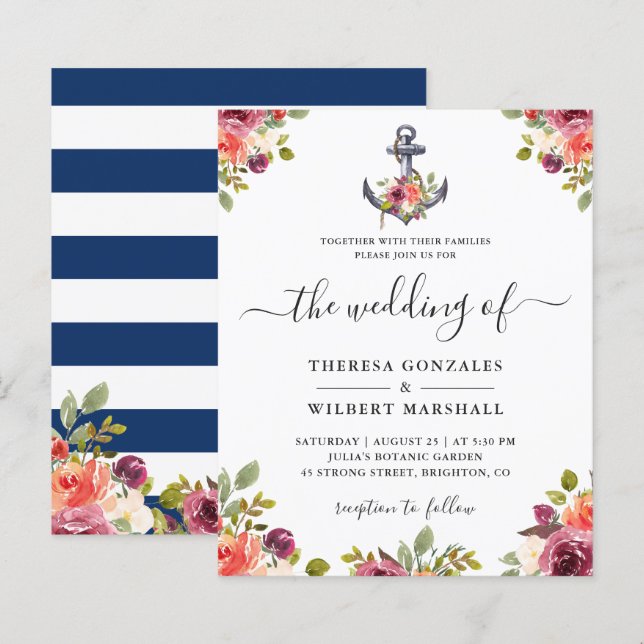 Budget Nautical Anchor Floral Wedding Invitations (Front/Back)