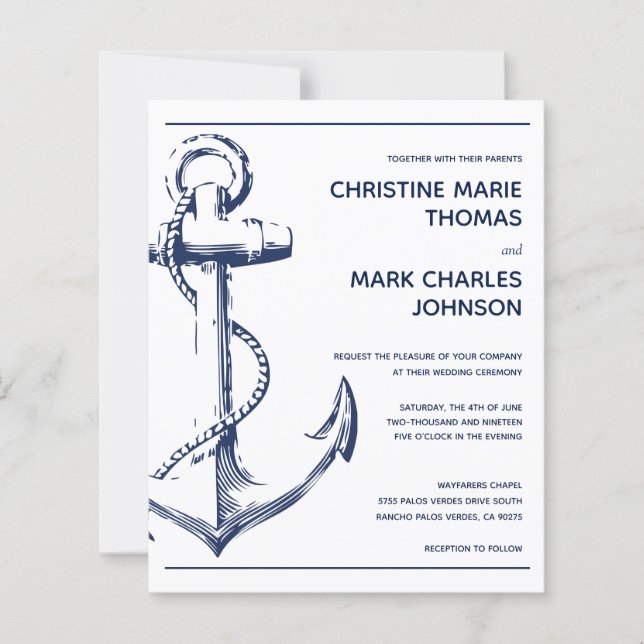 Budget Nautical Anchor White Wedding Invitation (Front)