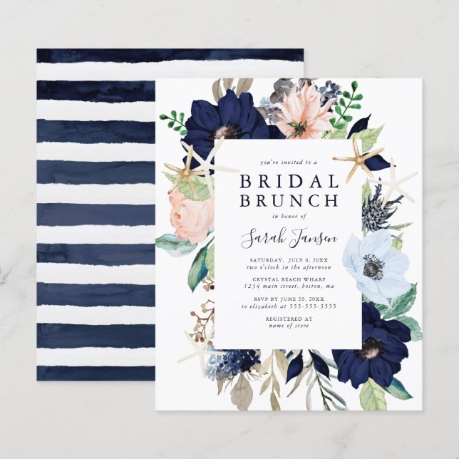 Budget Nautical Blue Floral Bridal Brunch Invite (Front/Back)