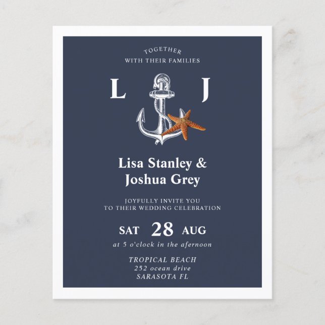 Budget nautical navy white wedding invitation (Front)