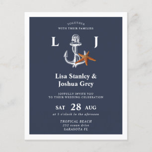 Budget nautical navy white wedding invitation