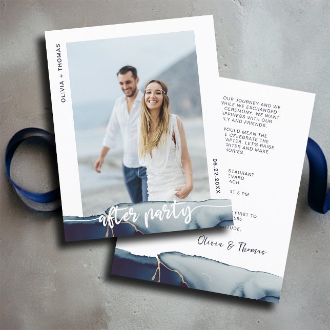 Budget Navy After Elopement Party Wedding Invite (after elopement wedding party invitation budget photo navy blue modern simple elegant romantic boho)