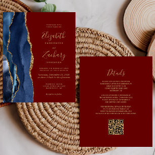Budget Navy Agate Burgundy QR Code Wedding Invite