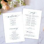 Budget navy and white elegant wedding program<br><div class="desc">Modern simple minimalist typography trendy clean white ceremony and party BUDGET affordable wedding program template featuring a chic trendy dark navy blue calligraphy script.              Easy to personalise with your custom text on both sides!</div>
