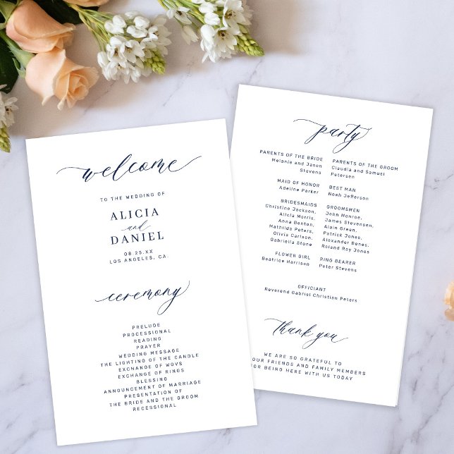 Budget navy and white elegant wedding program (Creator Uploaded)