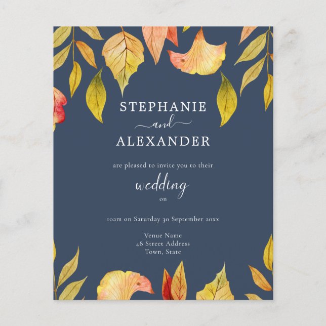 Budget Navy Autumn Leaves Wedding QR Code Invite (Front)