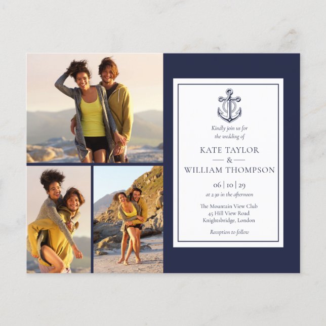 Budget Navy Blue 4 Photos Nautical Wedding Invite (Front)