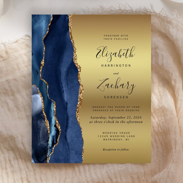 Budget Navy Blue Agate Gold Glam Wedding Invite (Creator Uploaded)