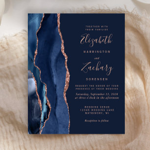 Budget Navy Blue Agate Rose Gold Wedding Invite