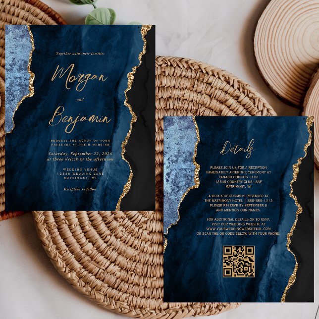 Budget Navy Blue Agate Script QR Code Wedding (Creator Uploaded)
