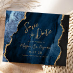 Budget Navy Blue Agate Wedding Save the Date<br><div class="desc">This elegant wedding save the date card features a background image of navy blue watercolor agate trimmed with faux gold glitter. The customisable text combines gold-coloured modern handwriting,  copperplate and italic fonts. The reverse side features a coordinating navy blue and gold agate design.</div>