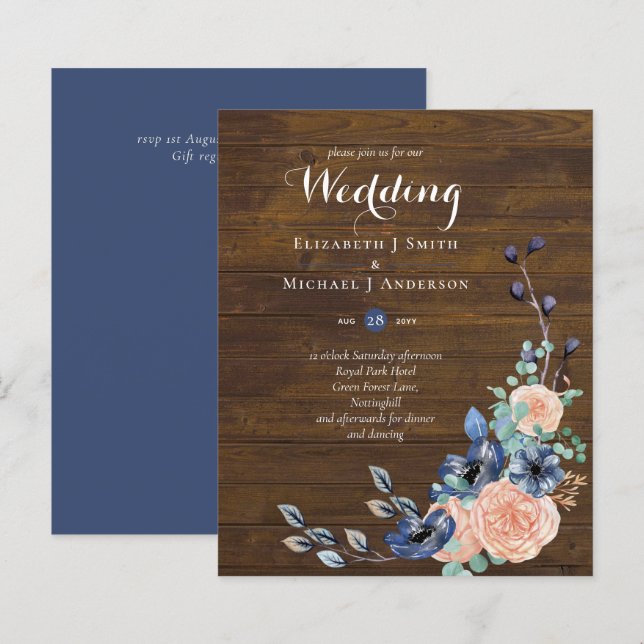Budget Navy Blue and Coral Wedding Woodland (Front/Back)