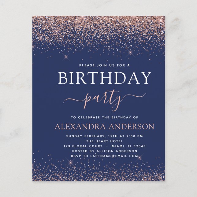 Budget Navy Blue Birthday Rose Gold Pink Glitter Flyer (Front)