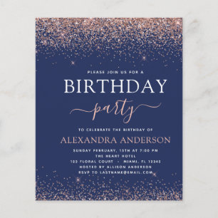 Budget Navy Blue Birthday Rose Gold Pink Glitter Flyer