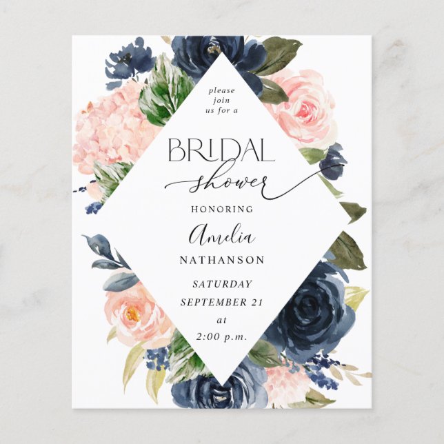Budget Navy Blue & Blush Pink Floral Bridal Shower Flyer (Front)