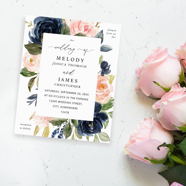Budget Navy Blue & Blush Pink Floral Wedding Flyer (Creator Uploaded)