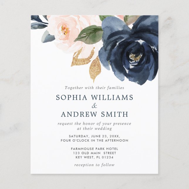 Budget Navy Blue & Blush Pink Wedding Invitation (Front)