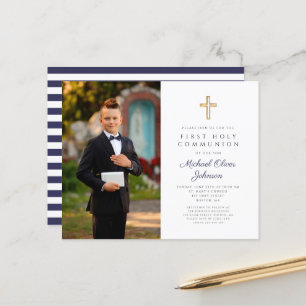 Budget Navy Blue Boy First Communion Photo Invite