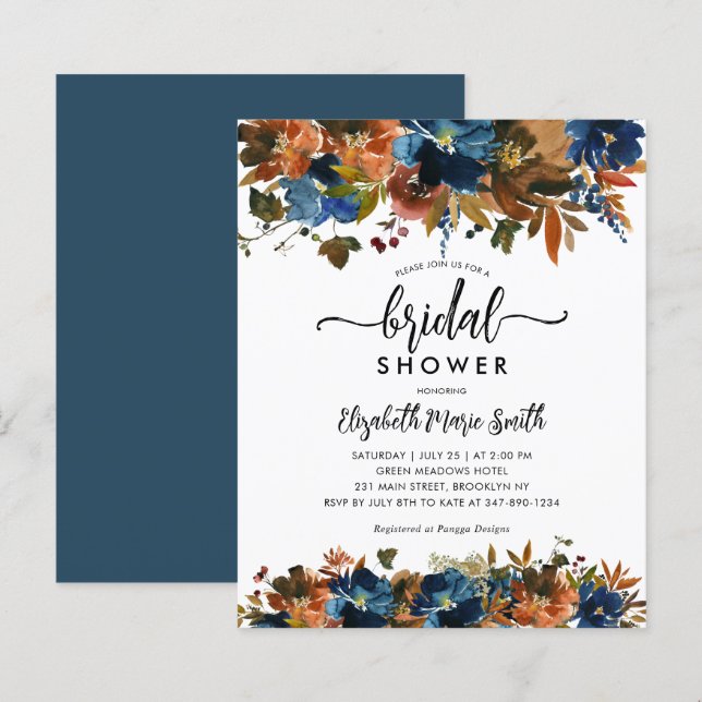 Budget Navy Blue Brown Floral Fall Bridal Shower (Front/Back)