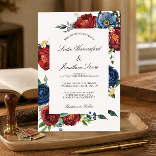 Budget Navy Blue Burgundy Red Wedding Invitation