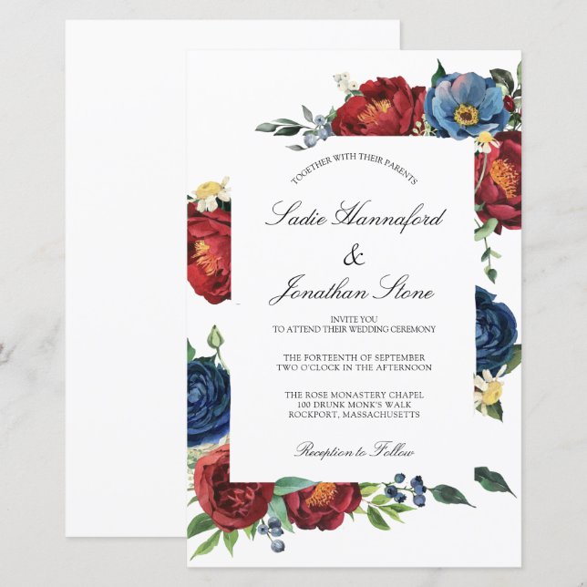 Budget Navy Blue Burgundy Red Wedding Invitation (Front/Back)