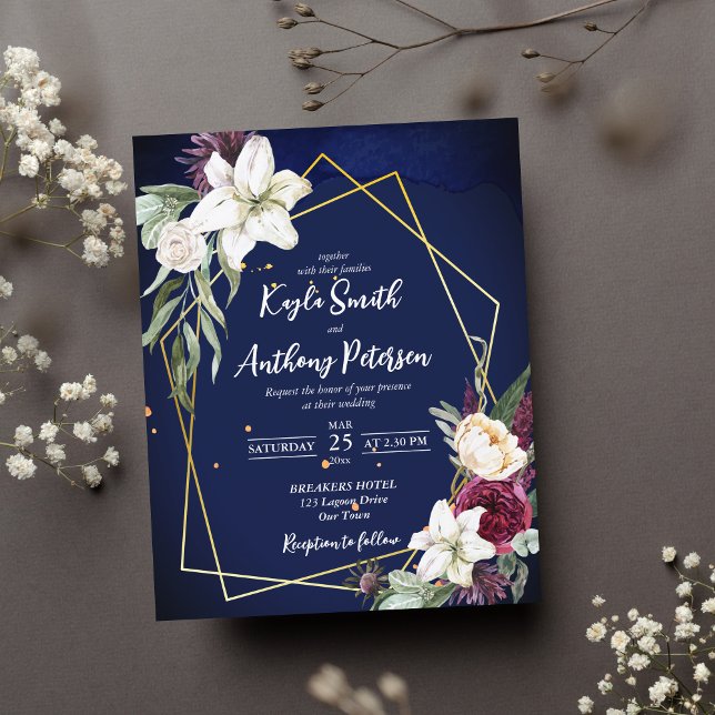 Budget navy blue burgundy roses wedding invite (Creator Uploaded)