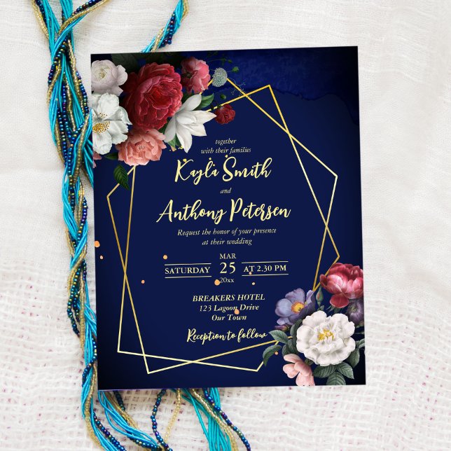 Budget navy blue burgundy roses wedding invite (Creator Uploaded)