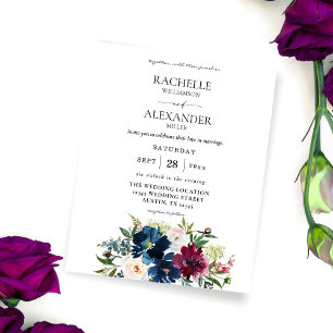 Budget Navy Blue, Burgundy & White Floral Wedding Flyer