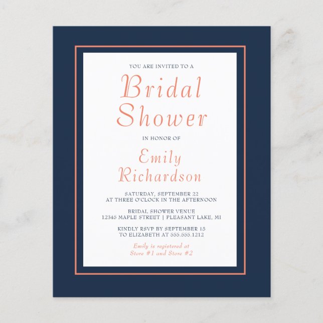 Budget Navy Blue Coral Bridal Shower Invitation (Front)