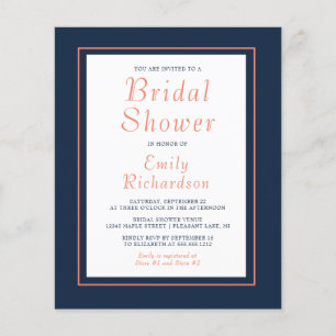 Budget Navy Blue Coral Bridal Shower Invitation