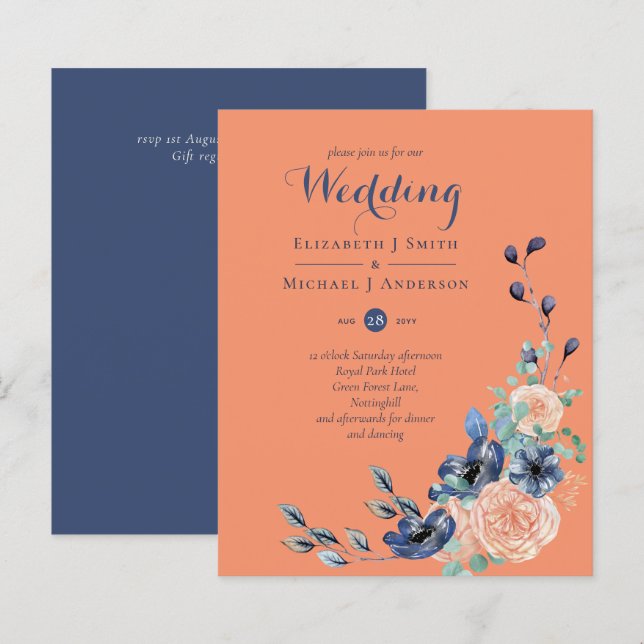 Budget Navy Blue Coral Floral Wedding Invites (Front/Back)