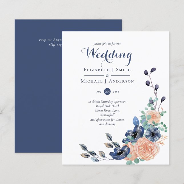 Budget Navy Blue Coral Floral Wedding Invites (Front/Back)