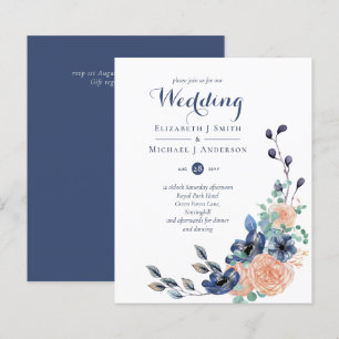 Budget Navy Blue Coral Floral Wedding Invites