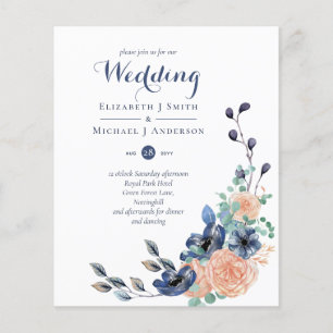 Budget Navy Blue Coral Floral Wedding Invites