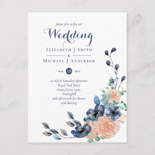 Budget Navy Blue Coral Floral Wedding Invites Postcard
