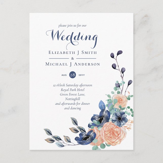 Budget Navy Blue Coral Floral Wedding Invites Postcard (Front)