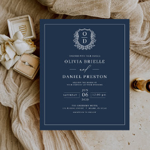 Budget Navy Blue Crest Monogram Wedding Invitation Flyer