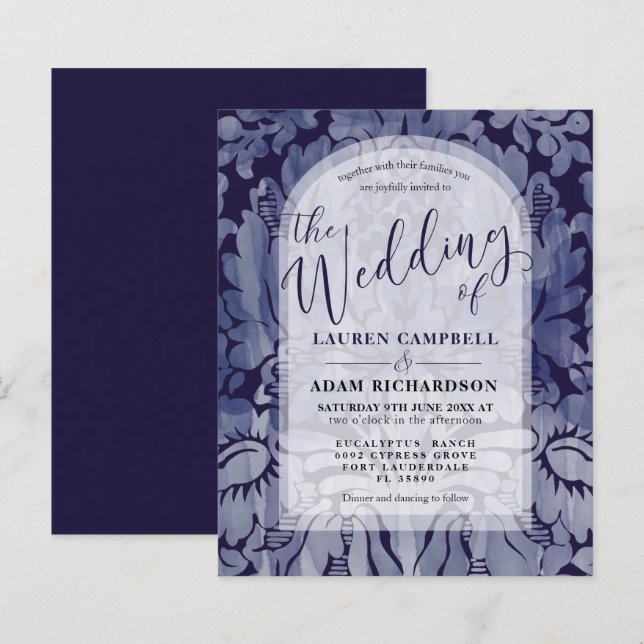 Budget Navy Blue Damask Arch Wedding Invitation (Front/Back)