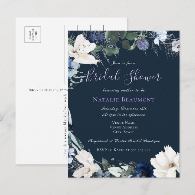 Budget Navy Blue Elegant Floral Bridal Shower Invitation Postcard (Front/Back)