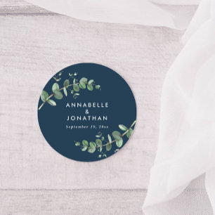 Budget navy blue eucalyptus foliage wedding favour classic round sticker